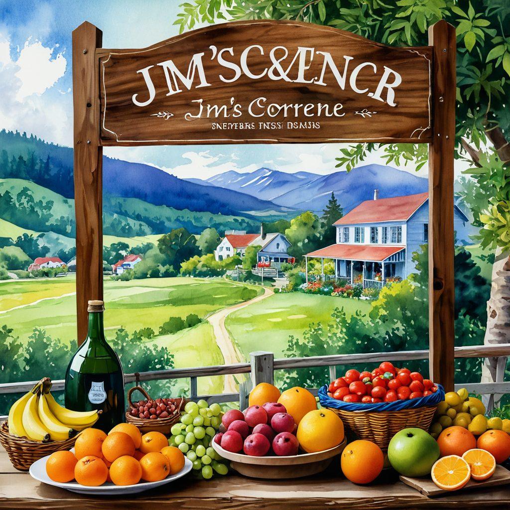 A scenic landscape featuring a rustic wooden sign that reads 'Jim's Corner', surrounded by vibrant culinary delights like fresh fruits, gourmet dishes, and spices. In the background, diverse travelers enjoying an adventurous journey through lush green hills and rolling landscapes. The atmosphere is warm and inviting, evoking a sense of exploration and taste. watercolor style. vibrant colors.