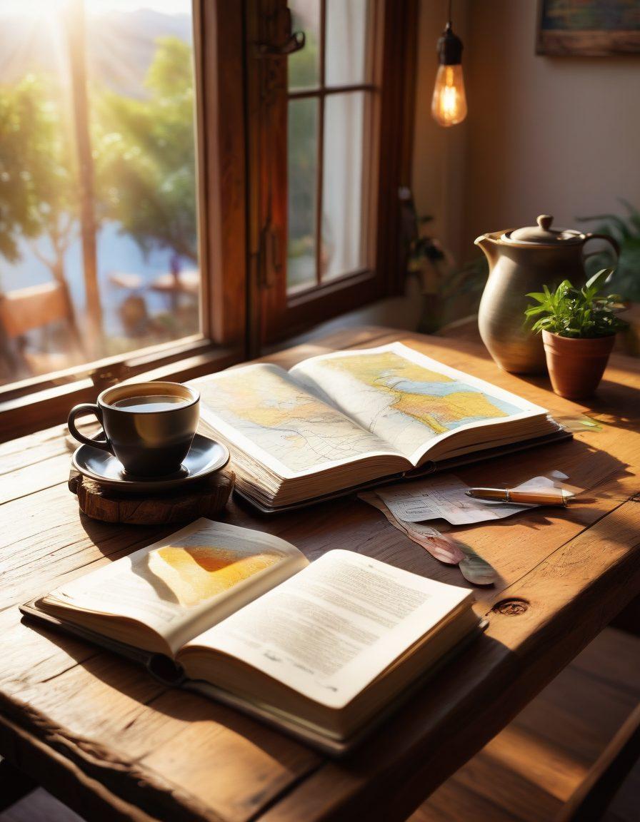 A cozy café setting with a rustic wooden table, adorned with a traveler’s journal, a steaming cup of coffee, and a plate of exotic cuisine. In the background, a world map with colorful pins showcasing various travel destinations, symbolizing culinary adventures. Natural sunlight filtering through large windows, creating a warm ambiance. super-realistic. vibrant colors. cozy atmosphere.