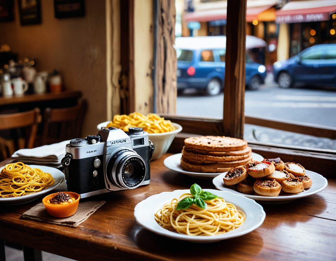 A cozy corner café scene with a vintage camera on the table surrounded by a variety of delectable dishes like pasta and pastries, showcasing the vibrant colors of the food. Include a blurred background of a bustling street filled with people and warm sunlight filtering through the café windows, emphasizing a sense of travel and exploration in photography. super-realistic. vibrant colors. soft focus.